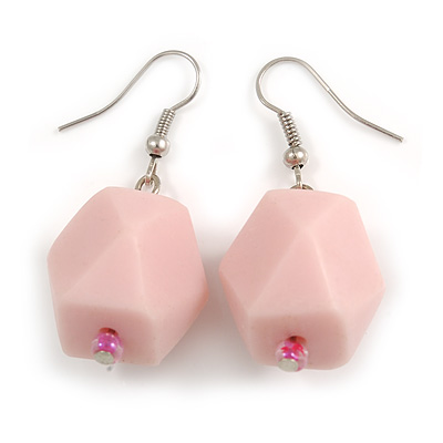 Pastel Pink Faceted Resin Bead Drop Earrings with Silver Tone Closure - 40mm Long - main view