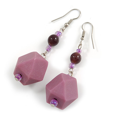 Long Pastel Plum Faceted Resin/ Glass Bead Drop Earrings with Silver Tone Closure - 60mm Long - main view