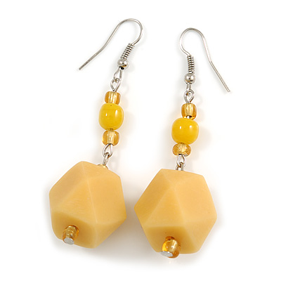 Long Pale Yellow Faceted Resin/ Lemon Yellow Glass Bead Drop Earrings with Silver Tone Closure - 60mm Long - main view
