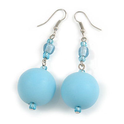 Large Pastel Blue Resin/ Sky Blue Glass Bead Ball Drop Earrings In Silver Tone - 70mm Long - main view