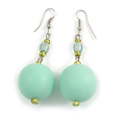 Large Pastel Mint Green Resin/ Lime Green Glass Bead Ball Drop Earrings In Silver Tone - 70mm Long - main view