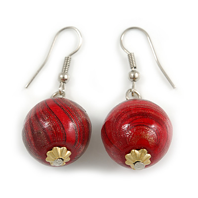 Red/ Black/ Golden Colour Fusion Wood Bead Drop Earrings with Silver Tone Closure - 40mm Long - 40mm Long - main view