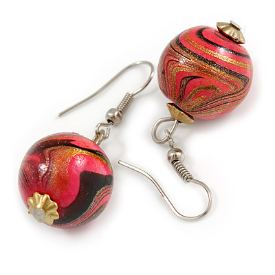 Deep Pink/ Black/ Golden Colour Fusion Wood Bead Drop Earrings with Silver Tone Closure - 40mm Long - main view