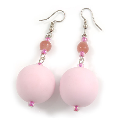 Large Pastel Pink Resin/ Milky Pink Glass Bead Ball Drop Earrings In Silver Tone - 70mm Long - main view