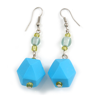 Long Sky Blue Faceted Acrylic/ Lime Green Glass Bead Drop Earrings with Silver Tone Closure - 60mm Long - main view