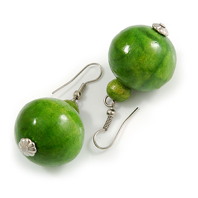 Lime Green Wood Bead Drop Earrings - 50mm Long - main view