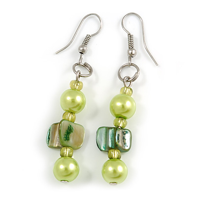 Lime/ Green Glass and Shell Bead Drop Earrings with Silver Tone Closure - 6cm Long - main view