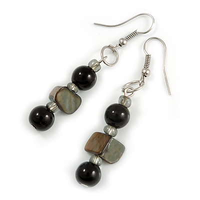 Black Glass and Shell Bead Drop Earrings with Silver Tone Closure - 6cm Long - main view
