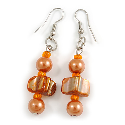 Orange/ Peach Glass and Shell Bead Drop Earrings with Silver Tone Closure - 6cm Long - main view