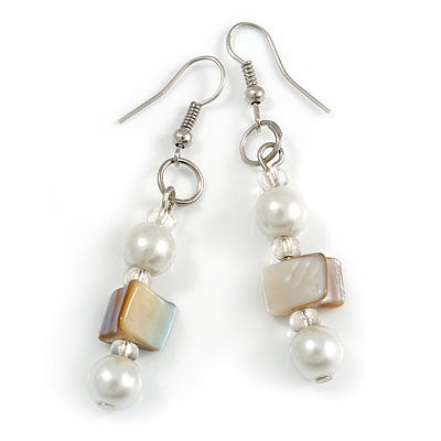 White Glass and Antique White Shell Bead Drop Earrings with Silver Tone Closure - 6cm Long - main view