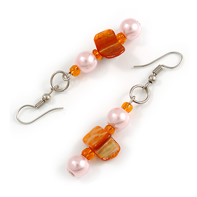 Pale Pink Glass and Orange Shell Bead Drop Earrings with Silver Tone Closure - 6cm Long - main view