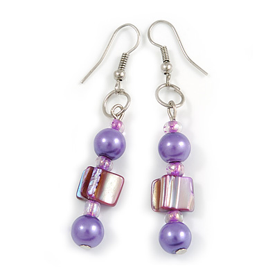 Purple/ Pink Glass and Shell Bead Drop Earrings with Silver Tone Closure - 6cm Long