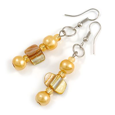 Yellow Glass and Shell Bead Drop Earrings with Silver Tone Closure - 6cm Long - main view