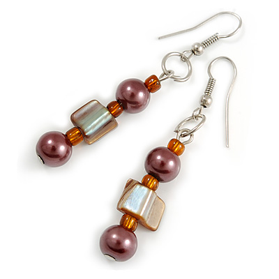 Brown/ Orange Glass and Shell Bead Drop Earrings with Silver Tone Closure - 6cm Long - main view