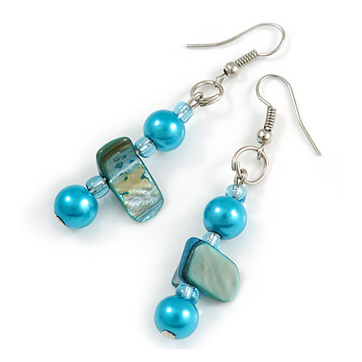 Turquoise Blue Glass and Shell Bead Drop Earrings with Silver Tone Closure - 6cm Long - main view