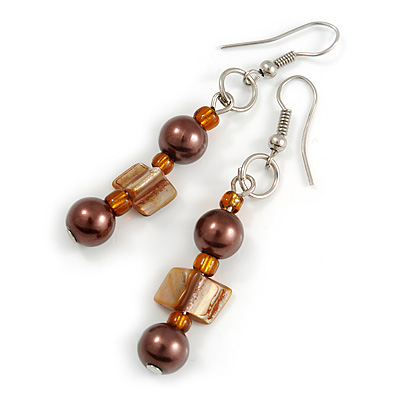 Brown Glass and Burnt Orange Shell Bead Drop Earrings with Silver Tone Closure - 6cm Long - main view