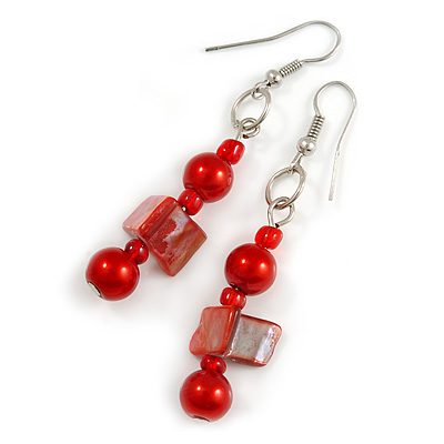 Red Glass and Shell Bead Drop Earrings with Silver Tone Closure - 6cm Long - main view