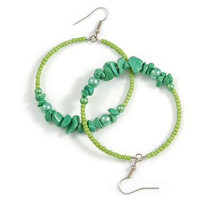 50mm Lime Green Large Glass, Faux Pearl Bead, Semiprecious Stone Hoop Earrings In Silver Tone
