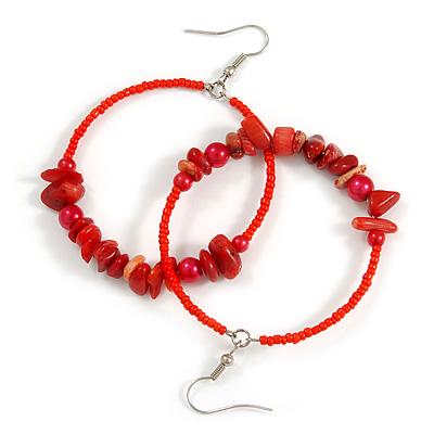 50mm Fire Red Large Glass, Faux Pearl Bead, Semiprecious Stone Hoop Earrings In Silver Tone - main view