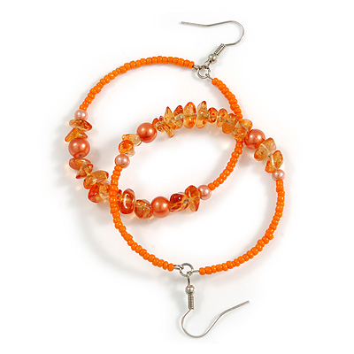 50mm Orange/ Peach Large Glass, Faux Pearl Bead, Semiprecious Stone Hoop Earrings In Silver Tone - main view