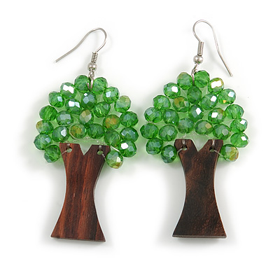 Green Glass Bead Brown Wood Tree Drop Earrings - 70mm Long - main view