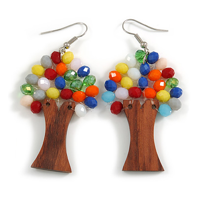 Multicoloured Glass Bead Brown Wood Tree Drop Earrings - 70mm Long - main view