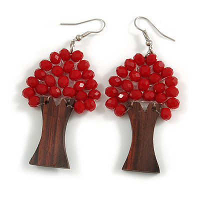 Red Glass Bead Brown Wood Tree Drop Earrings - 70mm Long - main view