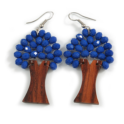 Blue Glass Bead Brown Wood Tree Drop Earrings - 70mm Long