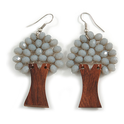 Grey Glass Bead Brown Wood Tree Drop Earrings - 70mm Long - main view