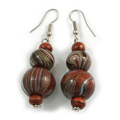 Brown/ Black/ White Colour Fusion Wood Bead Drop Earrings with Silver Tone Closure - 55mm Long
