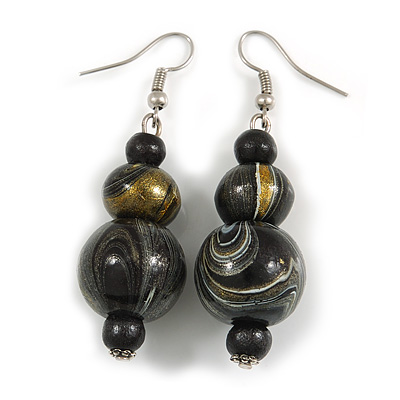 Black/ Gold/ White Colour Fusion Wood Bead Drop Earrings with Silver Tone Closure - 55mm Long - main view