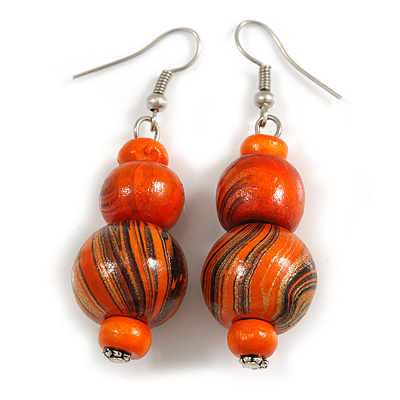 Orange/ Gold/ Black Colour Fusion Wood Bead Drop Earrings with Silver Tone Closure - 55mm Long