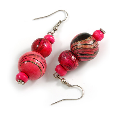 Deep Pink/ Black/ Golden Colour Fusion Wood Bead Drop Earrings with Silver Tone Closure - 55mm Long - main view