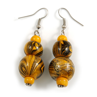 Yellow/ Black Colour Fusion Wood Bead Drop Earrings with Silver Tone Closure - 55mm Long - main view