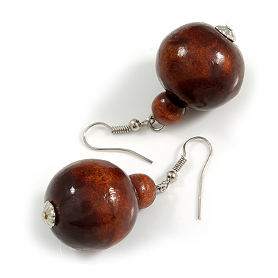 Brown Wood Bead Drop Earrings - 50mm Long - main view