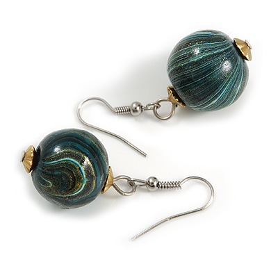 Teal/ Black/ Golden Colour Fusion Wood Bead Drop Earrings with Silver Tone Closure - 40mm Long - main view