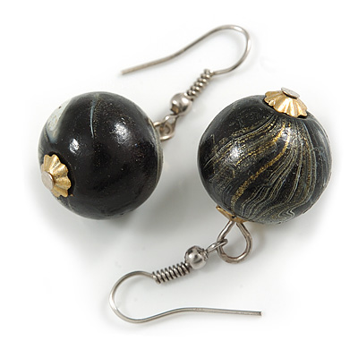 Black/ Gold/ White Colour Fusion Wood Bead Drop Earrings with Silver Tone Closure - 40mm Long - main view