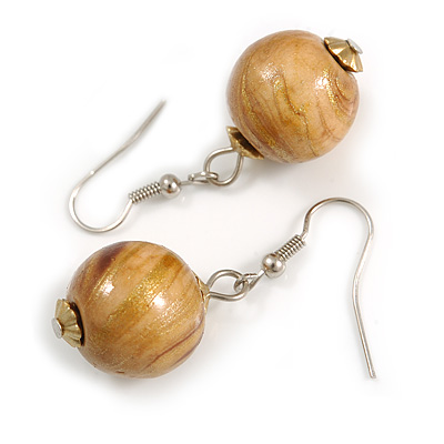 Natural/ Brown/ Golden Colour Fusion Wood Bead Drop Earrings with Silver Tone Closure - 40mm Long - main view