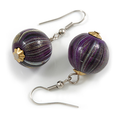 Purple/ Black/ White/ Golden Colour Fusion Wood Bead Drop Earrings with Silver Tone Closure - 40mm Long - main view