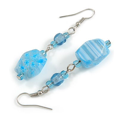 Light Blue Floral Faceted Resin/ Glass Bead Drop Earrings with Silver Tone Closure - 60mm Long - main view