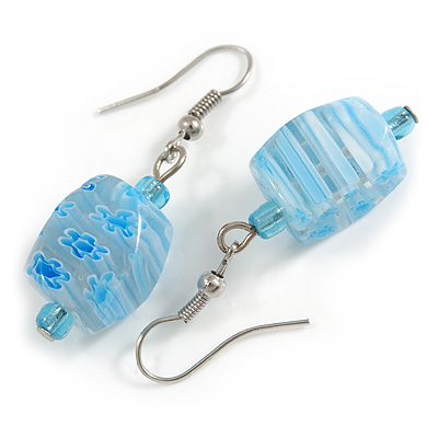 Light Blue Floral Faceted Resin/ Glass Bead Drop Earrings with Silver Tone Closure - 40mm Long - main view