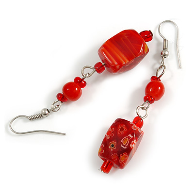 Red Floral Faceted Resin/ Glass Bead Drop Earrings with Silver Tone Closure - 60mm Long