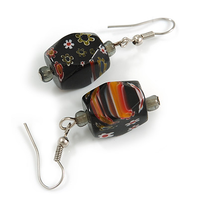 Black Floral Faceted Resin/ Glass Bead Drop Earrings with Silver Tone Closure - 40mm Long