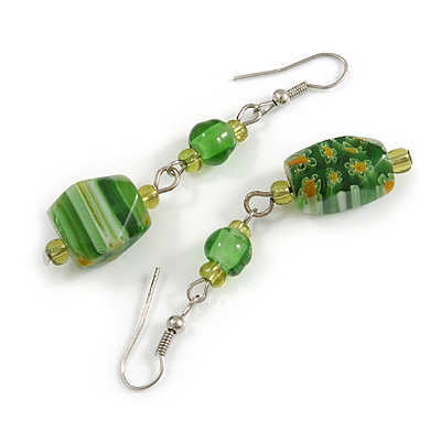 Green Floral Faceted Resin/ Glass Bead Drop Earrings with Silver Tone Closure - 60mm Long - main view