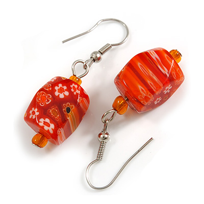 Orange Floral Faceted Resin/ Glass Bead Drop Earrings with Silver Tone Closure - 40mm Long - main view