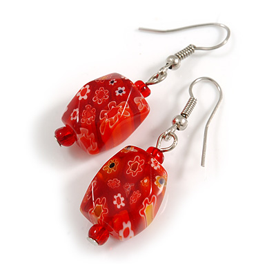 Red Floral Faceted Resin/ Glass Bead Drop Earrings with Silver Tone Closure - 40mm Long