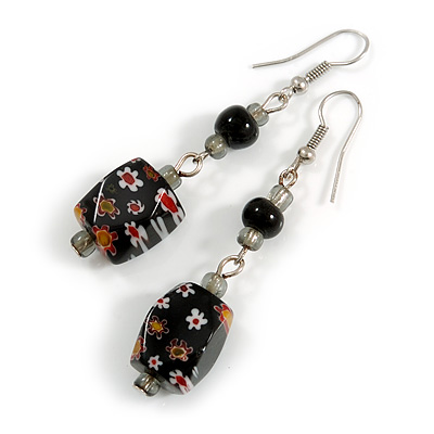 Black Floral Faceted Resin/ Glass Bead Drop Earrings with Silver Tone Closure - 60mm Long