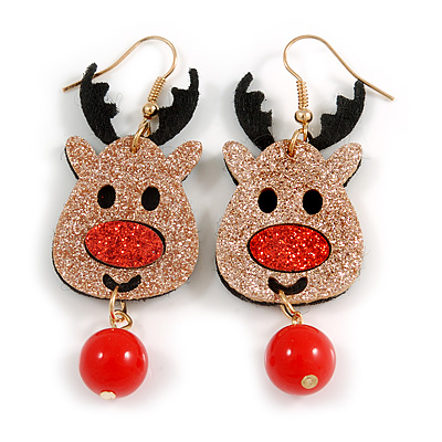 Christmas Sequin Felt/ Fabric Reindeer Drop Earrings In Gold Tone - 65mm Long - main view