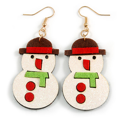 Christmas Sequin Felt/ Fabric Snowman Drop Earrings In Gold Tone - 70mm Long