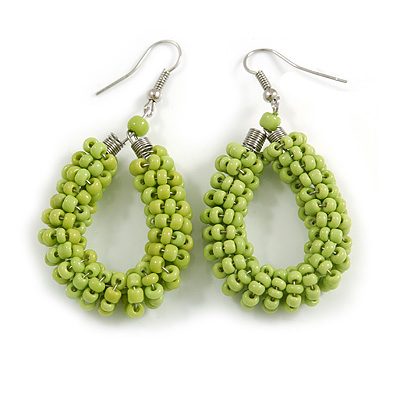 Lime Green Glass Bead Loop Drop Earrings In Silver Tone - 60mm Long